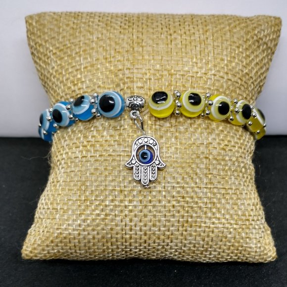 Bracelet / Evil Eye Beads with Hand Charm Beautiful Yellow AND Blue beads - Picture 3 of 7